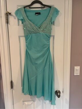Jodi Kristopher Aqua Sequin V-Neck Midi Dress